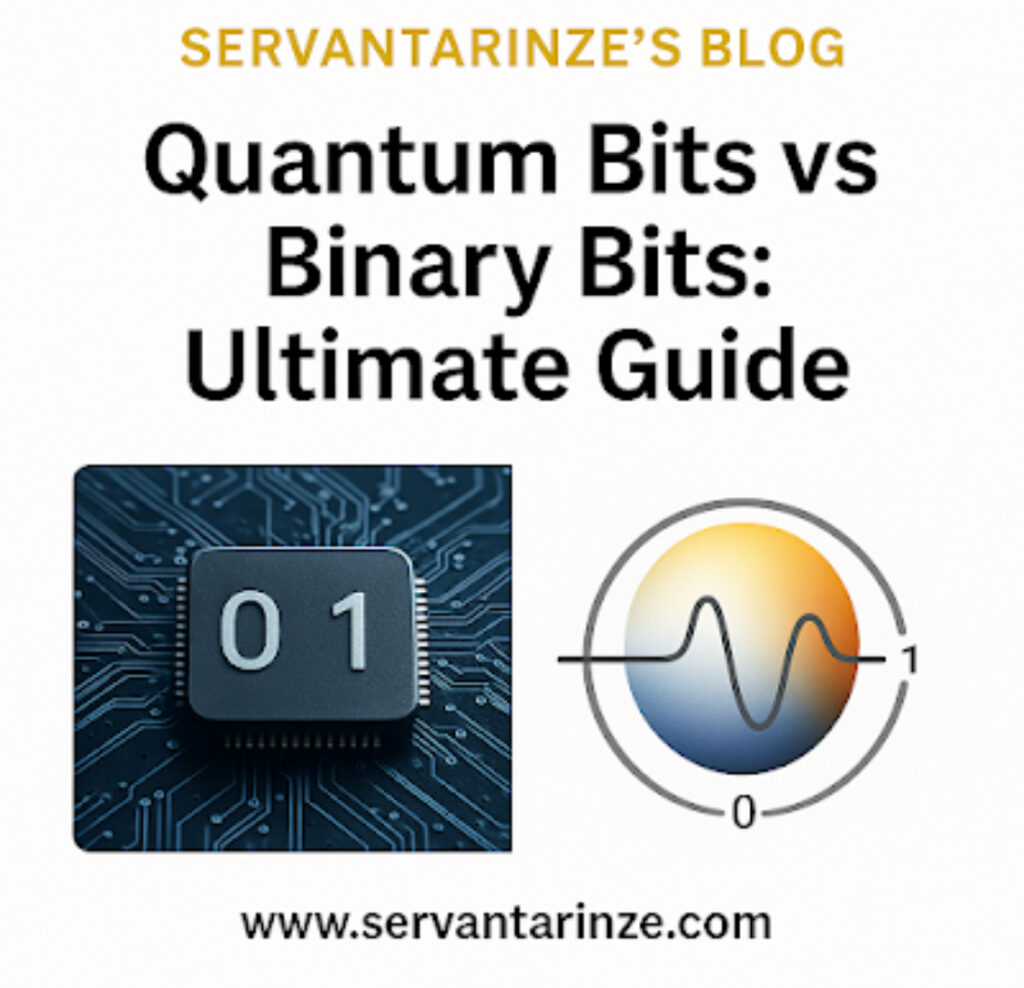 Visual breakdown of quantum bits vs binary bits — classical certainty versus quantum superposition.