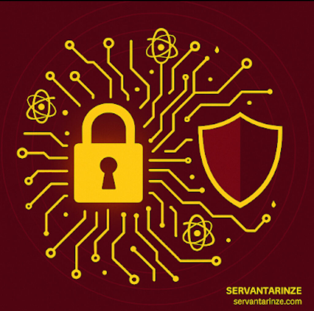 Quantum cybersecurity illustration showing a digital lock and shield protecting data with quantum circuits – Servantarinze’blog