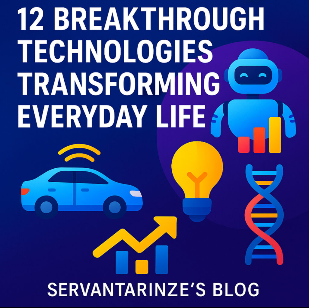 Premium futuristic illustration showing breakthrough technologies shaping everyday life, featuring earth, AI circuits, energy symbols and clean typography. Branded with Servantarinze’s Blog.