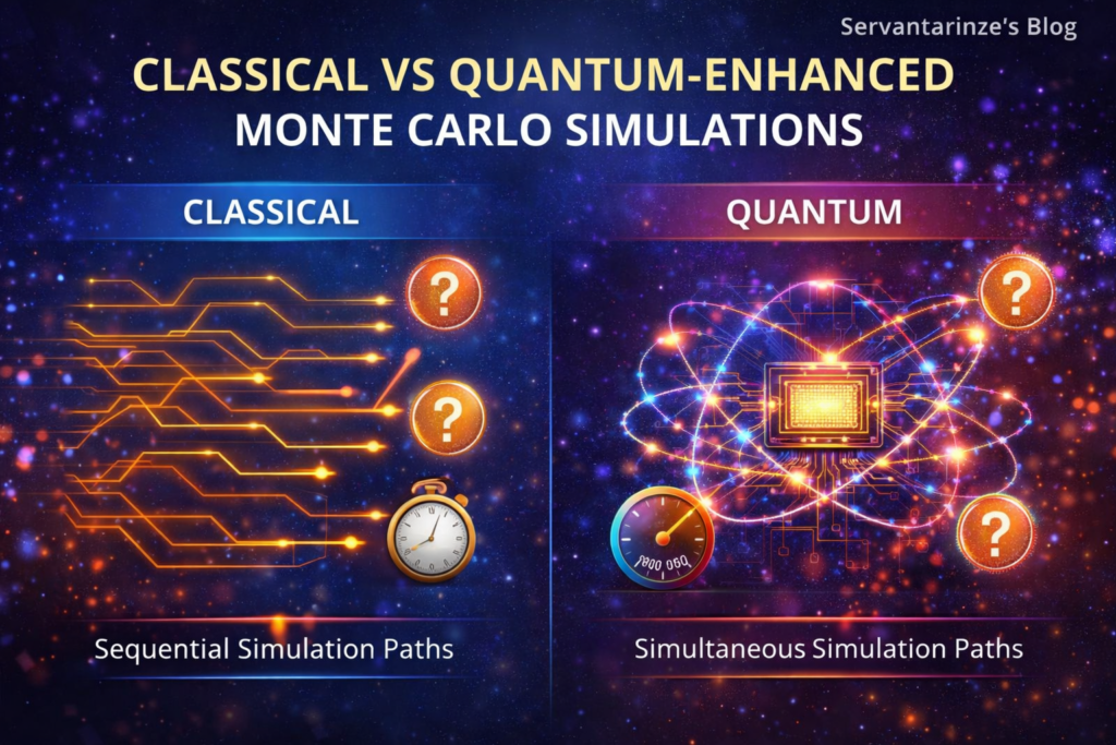 Classical versus quantum Monte Carlo simulations showing how qubits run simultaneous market scenarios faster