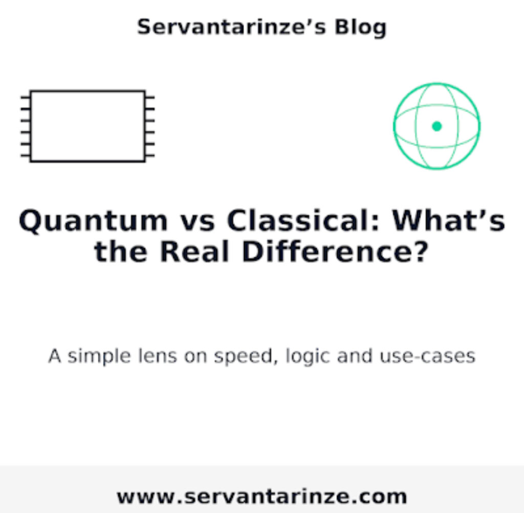 Quantum vs classical illustration comparing classical chip and quantum atom – Servantarinze’s Blog