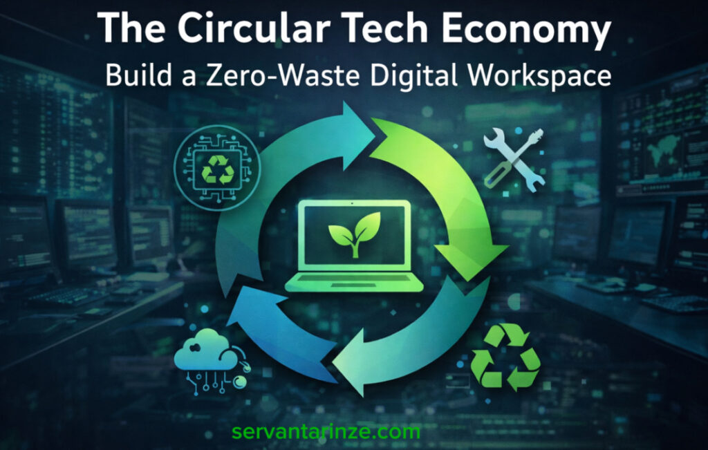 Illustration showing a circular tech economy powering a zero-waste digital workspace with sustainable devices, renewable energy, and responsible technology use