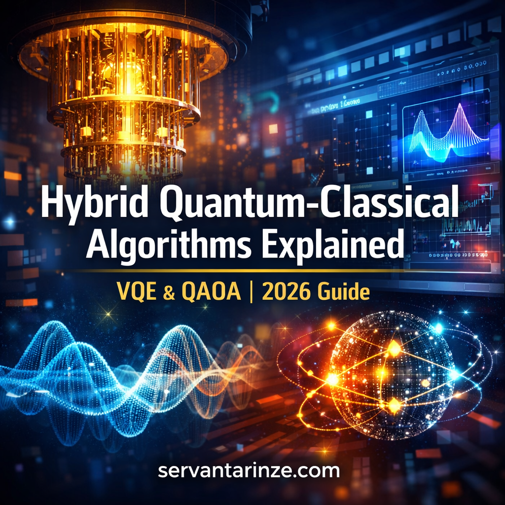 Hybrid quantum-classical algorithms illustration showing VQE and QAOA workflows combining quantum processors with classical optimization in 2026