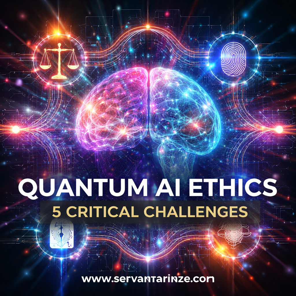 Quantum AI ethics illustration showing ethical challenges and risks of quantum artificial intelligence