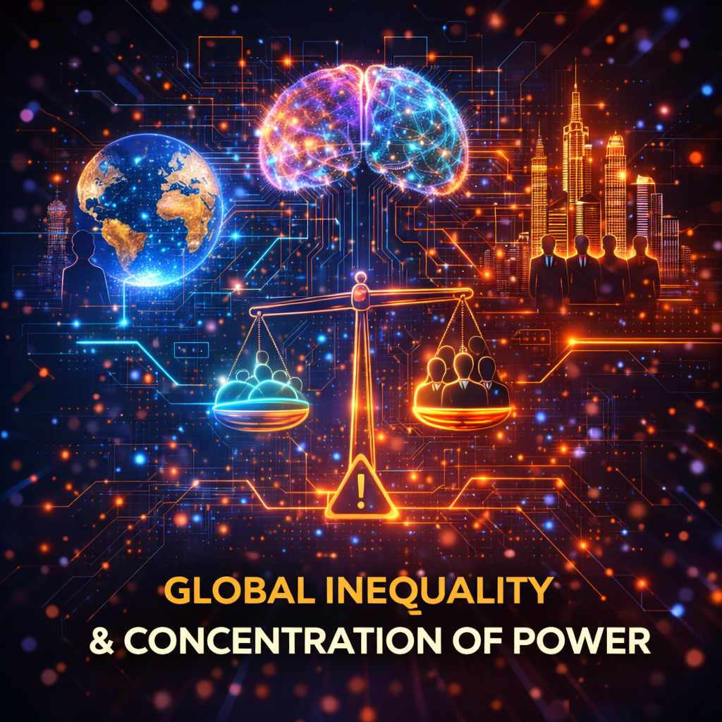 Illustration showing global inequality and concentration of power caused by unequal access to quantum AI technologies