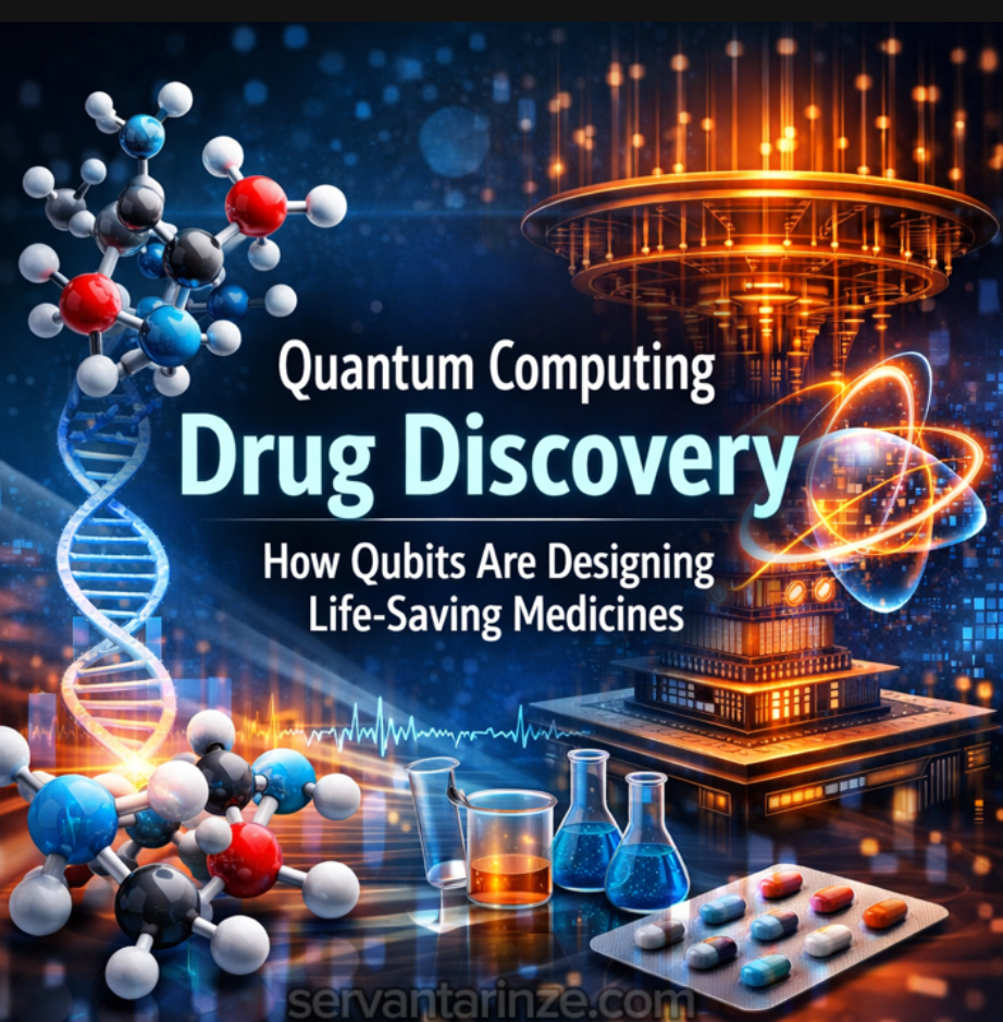 Quantum computing drug discovery illustration showing qubits, molecular simulations, and advanced pharmaceutical research designing life-saving medicines