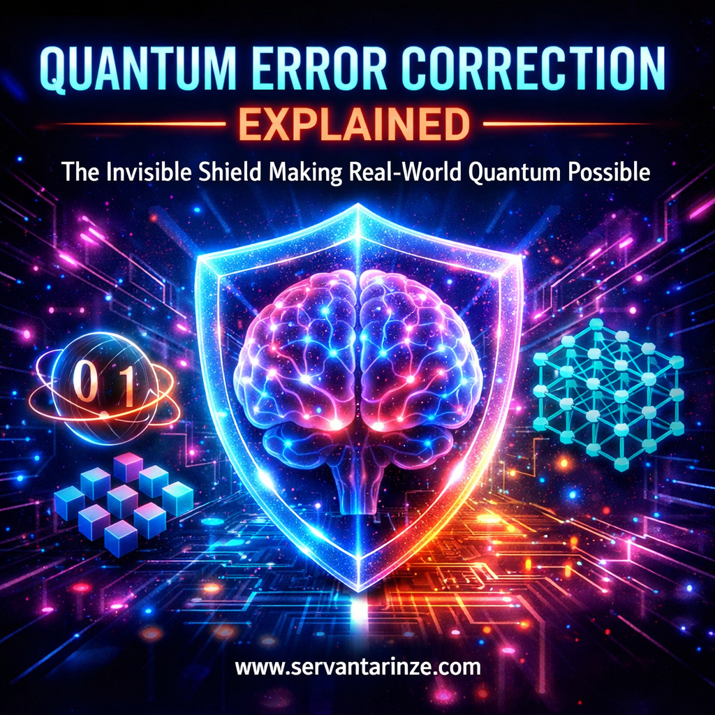 Quantum error correction explained with a visual shield protecting qubits from noise, showing how error correction enables real-world quantum computing