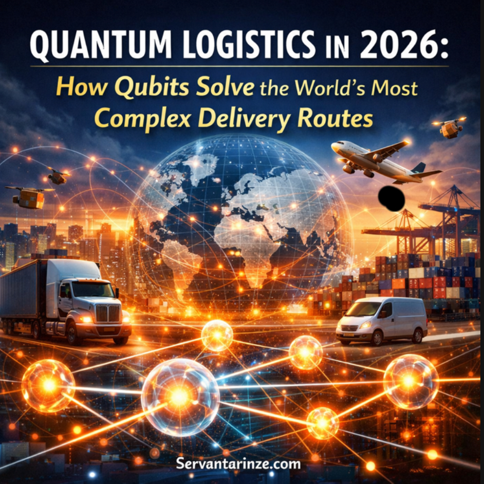 Quantum logistics in 2026 showing how qubits optimize complex global delivery routes across trucks, ships, and air freight