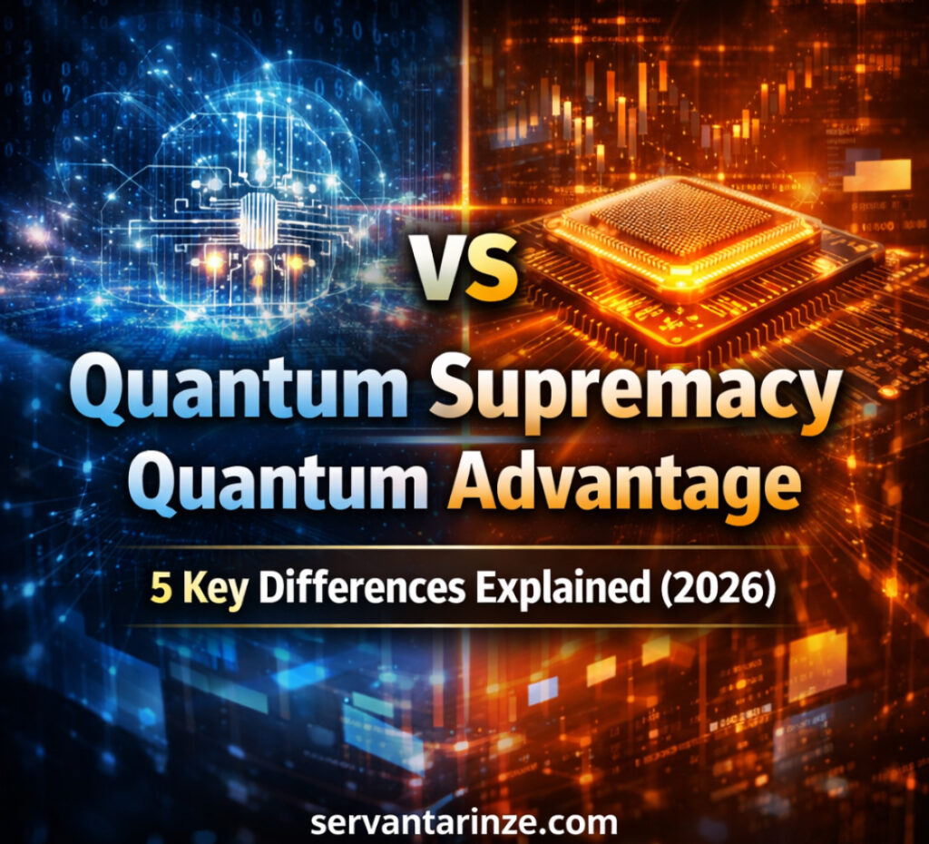 Quantum supremacy vs quantum advantage comparison showing quantum circuits and processors highlighting five key differences in 2026
