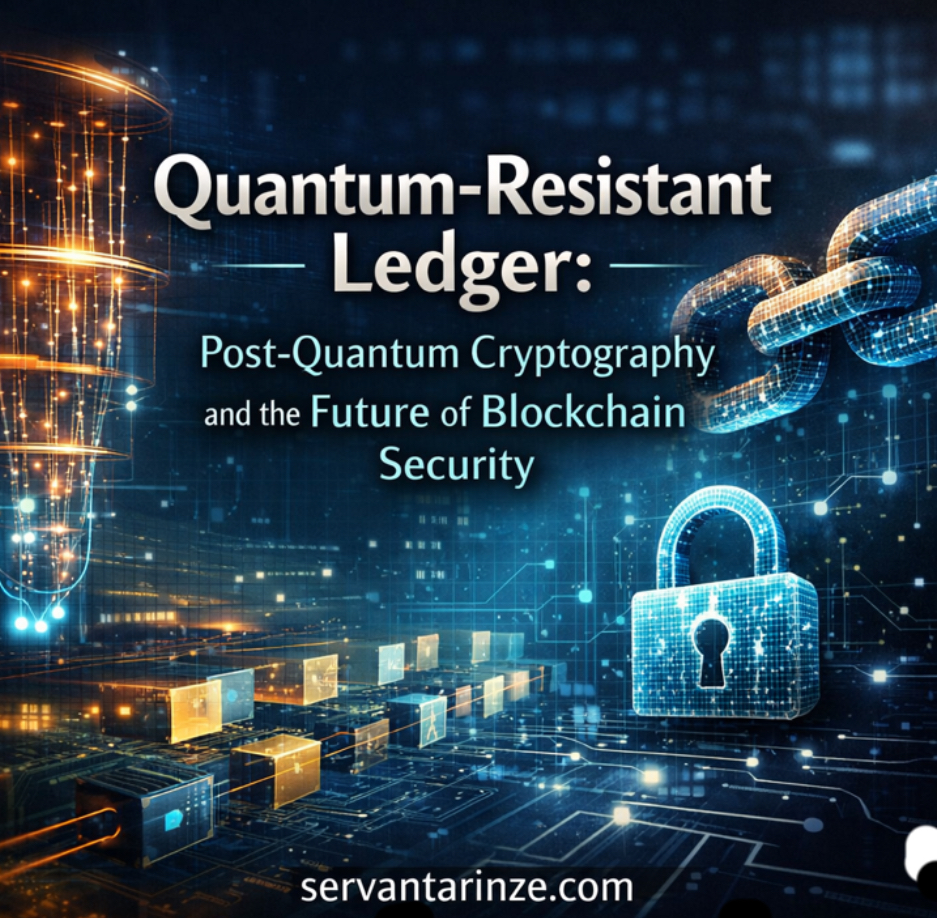 Conceptual illustration of a quantum-resistant ledger secured with post-quantum cryptography, showing quantum computing elements interacting with blockchain architecture.