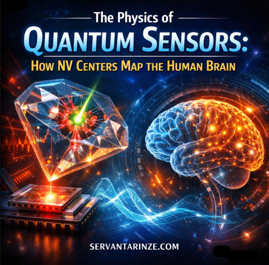 Illustration showing nitrogen-vacancy centers in diamond used as quantum sensors to map human brain magnetic activity