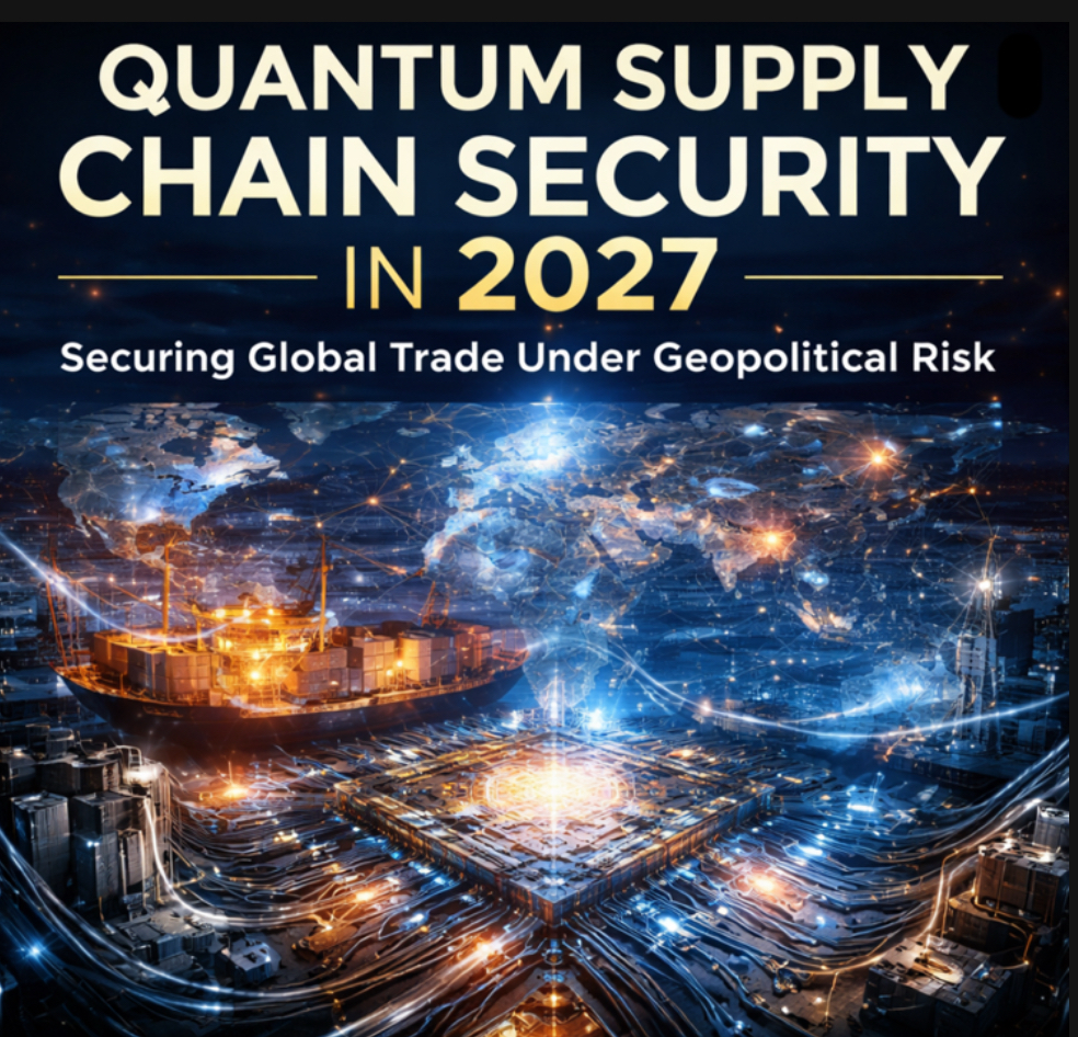 Quantum supply chain security 2027 concept showing global trade routes, cargo shipping, and quantum processor under geopolitical risk