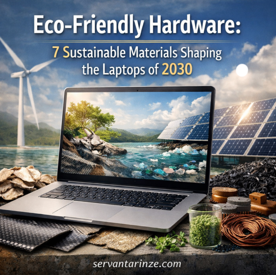 Sustainable laptop materials 2030 concept showing recycled aluminum chassis, bio-based composites, reclaimed carbon fiber, and circular hardware design.