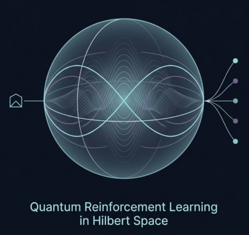 Quantum reinforcement learning in Hilbert space showing variational policy transformation and measurement outputs