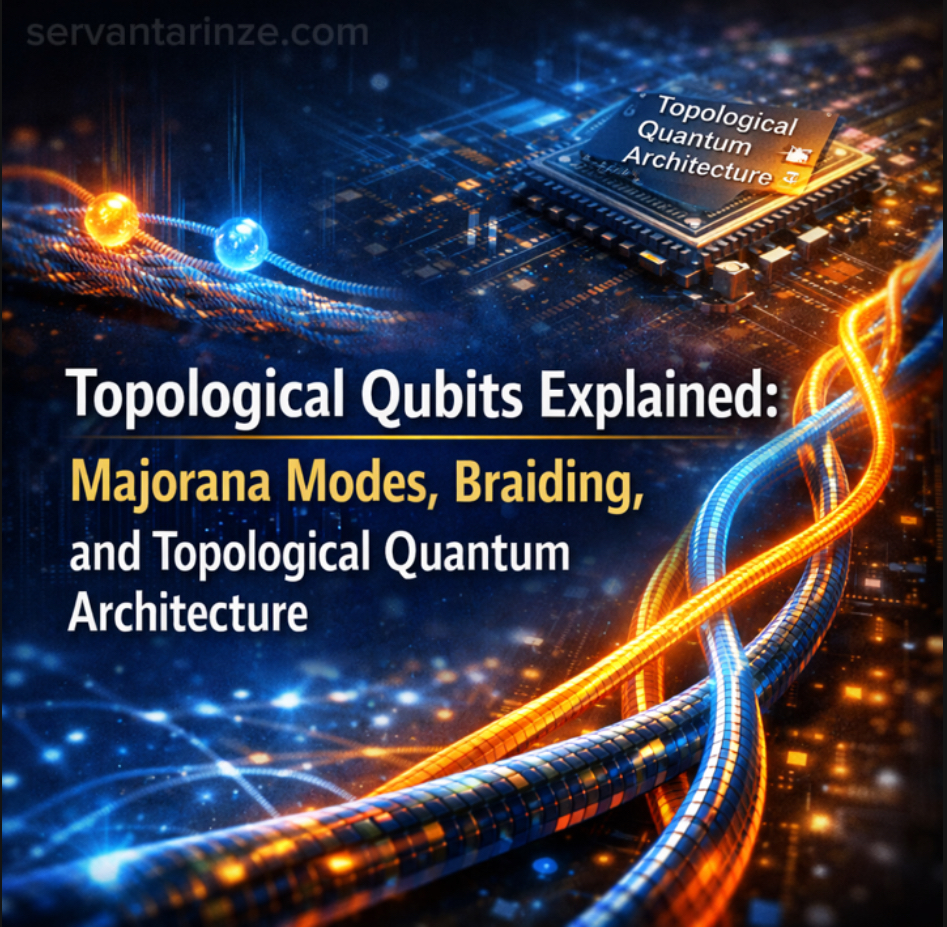 Topological qubits illustration showing Majorana zero modes and braiding in quantum computing architecture