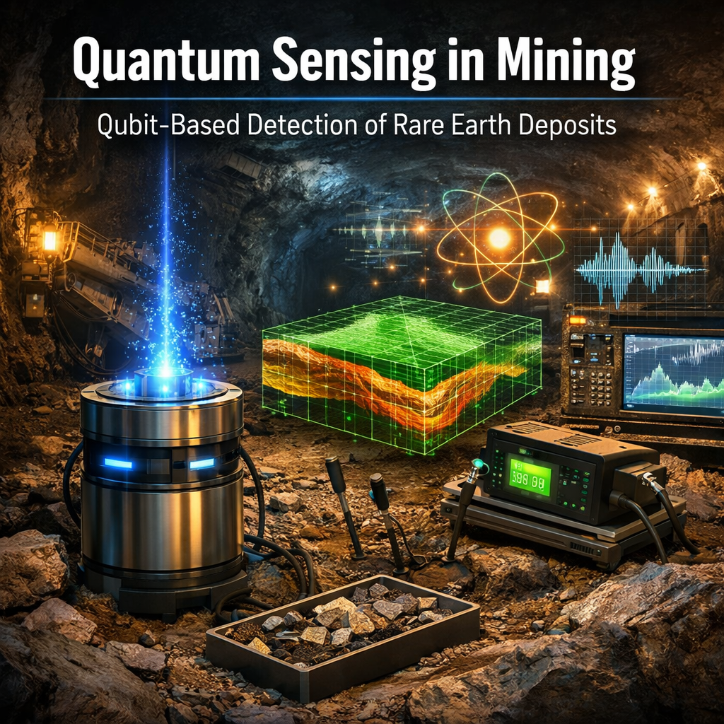 Quantum sensing in mining showing qubit-based gravimeter and magnetometer detecting rare earth mineral deposits underground